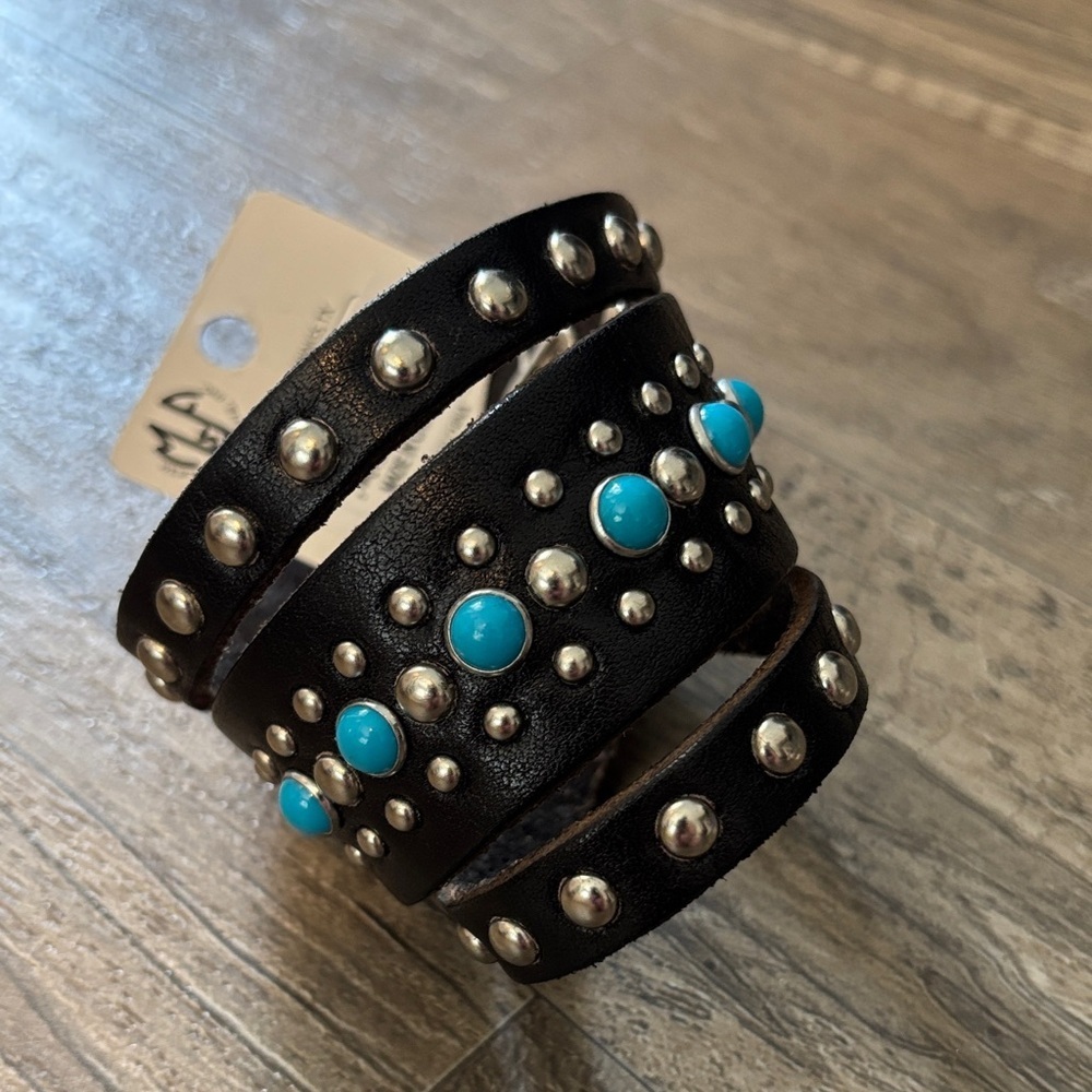 M&F Leather cuff bracelet,turquoise stones,silver-tone studs,snap button close